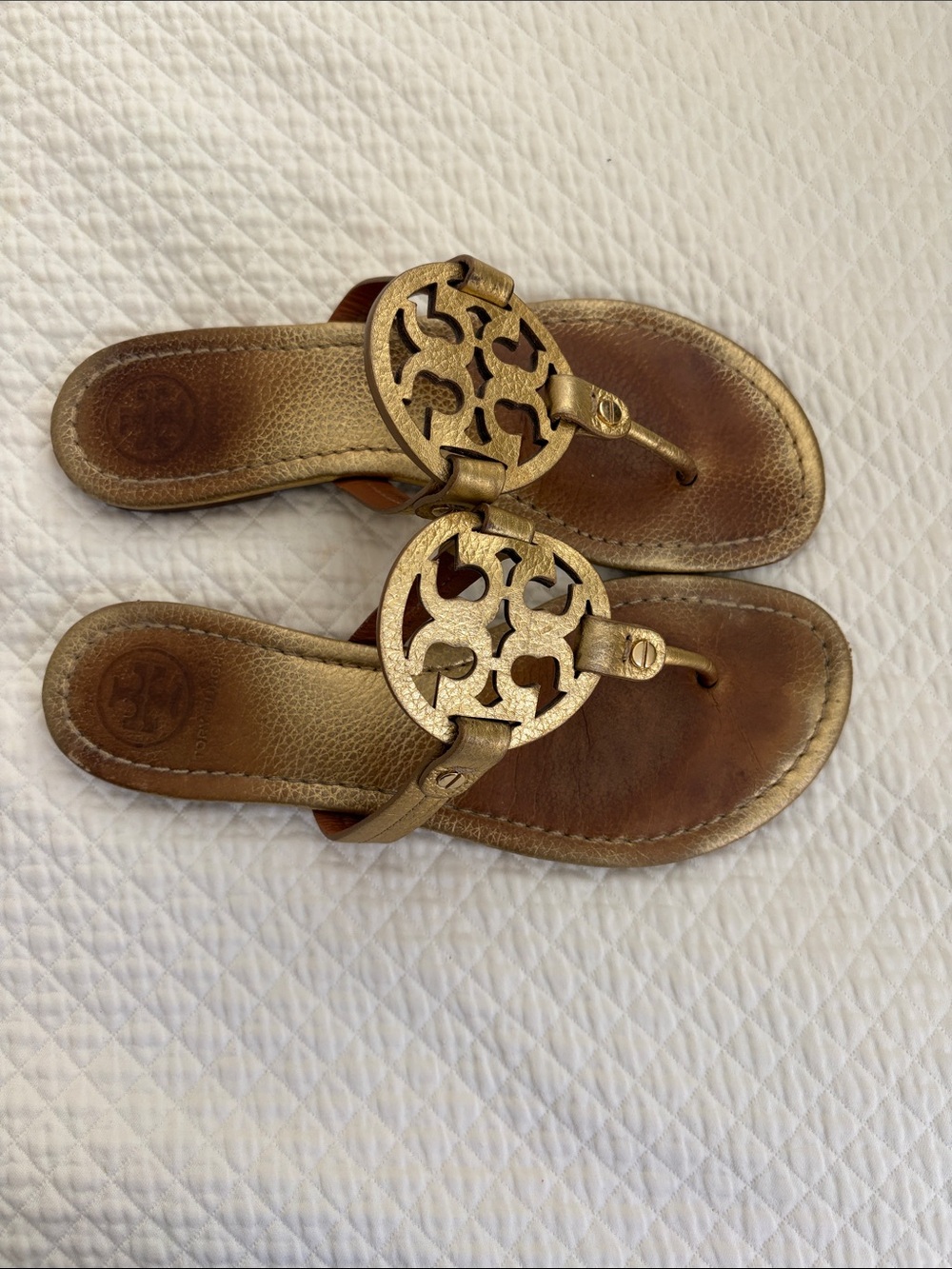 Tory Burch Gold Leather Logo Thong Sandals